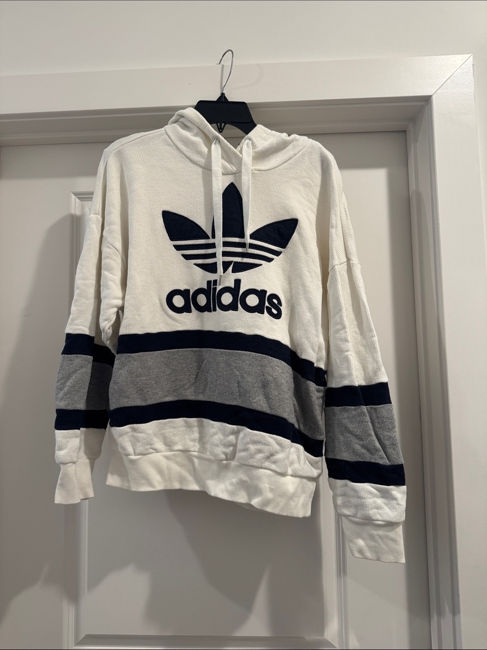 Vintage adidas White Hoodie with Navy & Gray Stripes